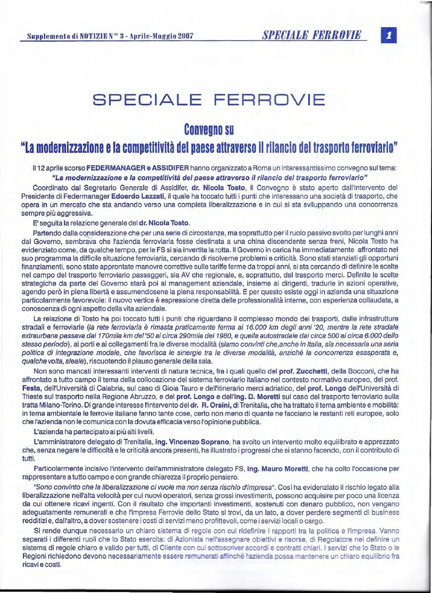Modernizzazione e competitività del Paese attraverso il rilancio del trasporto ferroviario