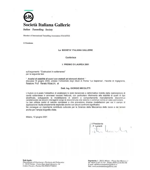 1° Premio Nazionale Società Italiana Gallerie — Ministero delle Infrastrutture e dei Trasporti