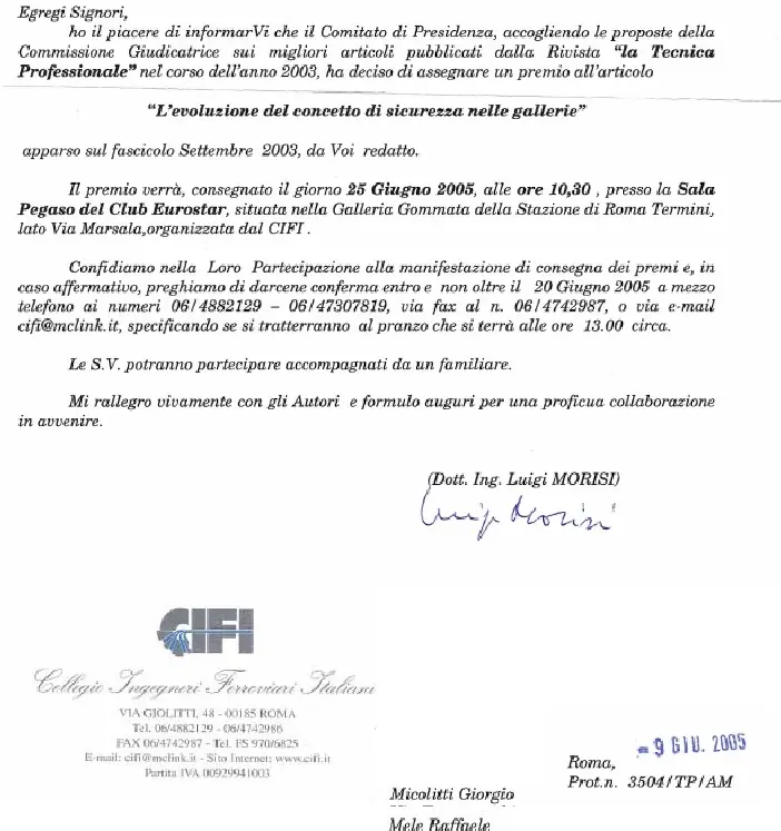 1° Premio Nazionale CIFI — Collegio Ingegneri Ferroviari Italiani